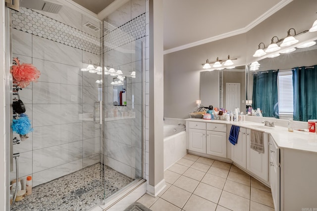 bathroom featuring crown molding, separate shower and tub, tile patterned flooring, and vanity