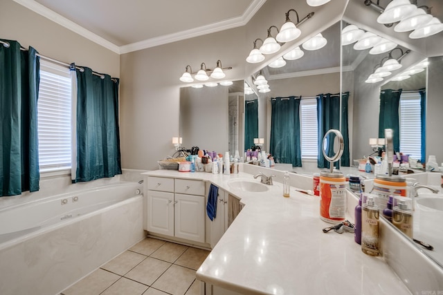 bathroom with vanity, a bath, crown molding, and tile patterned flooring