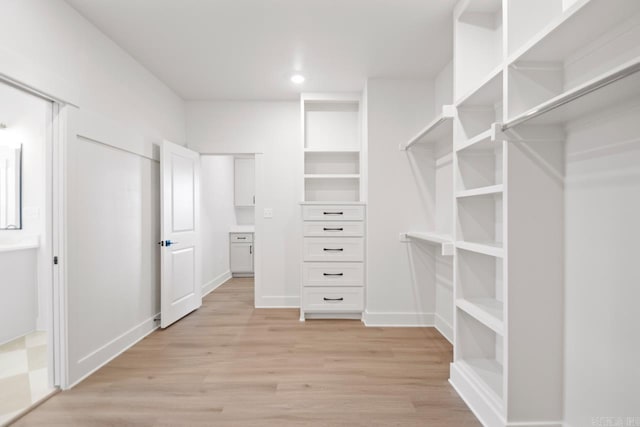 spacious closet featuring light hardwood / wood-style floors