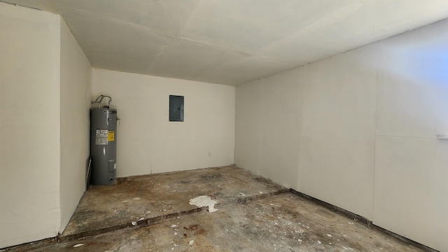 basement with electric panel and water heater