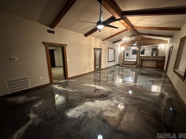 unfurnished living room featuring ceiling fan with notable chandelier and lofted ceiling with beams