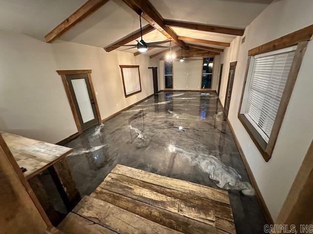 corridor featuring vaulted ceiling with beams