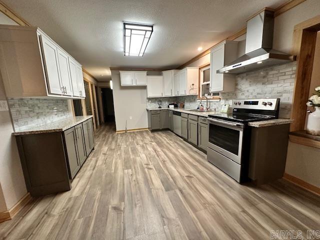 kitchen featuring wall chimney exhaust hood, white cabinetry, stainless steel appliances, light hardwood / wood-style floors, and sink