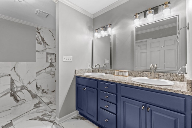 bathroom featuring crown molding, vanity, and a shower