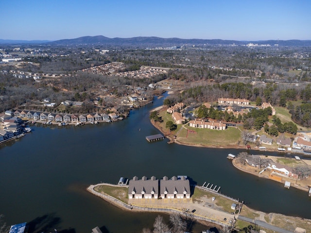 bird's eye view with a water and mountain view