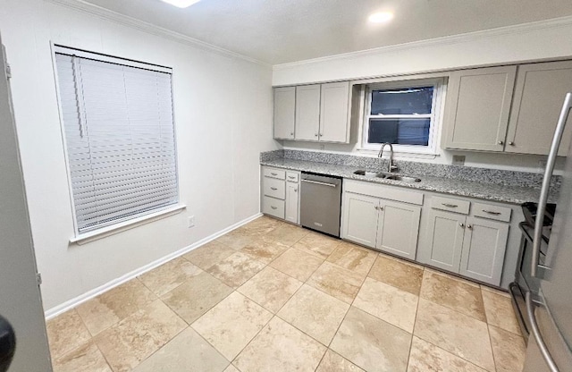 kitchen featuring sink, crown molding, stone countertops, gray cabinets, and dishwasher