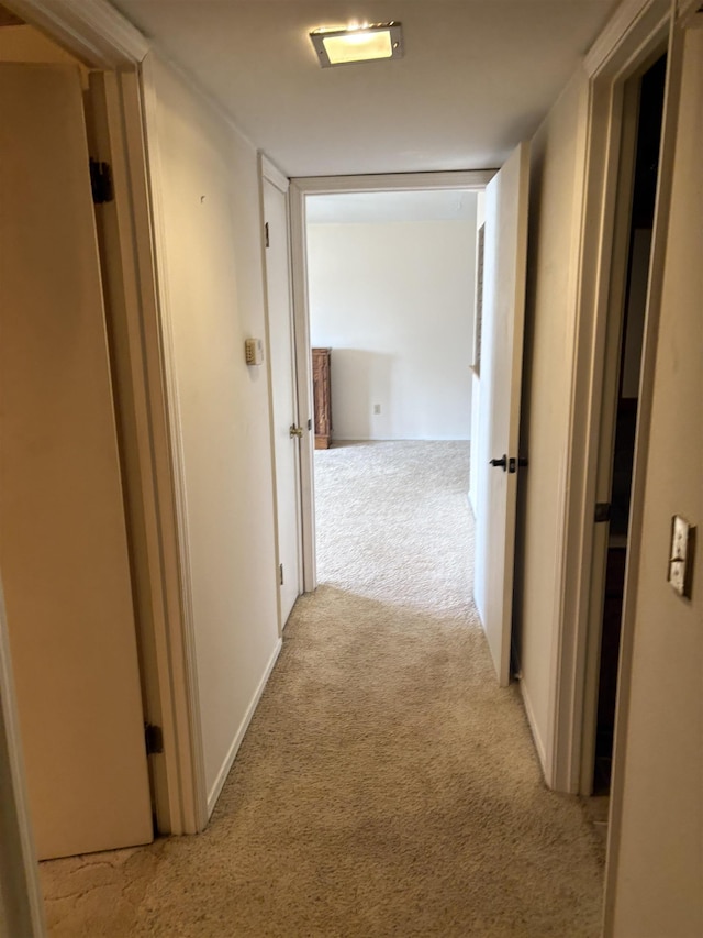 corridor featuring light colored carpet