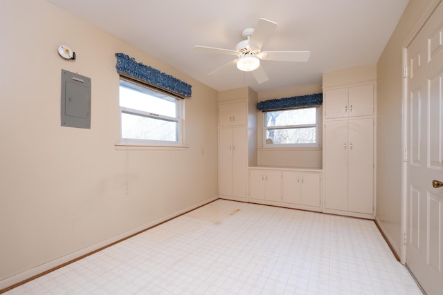 empty room with electric panel and ceiling fan