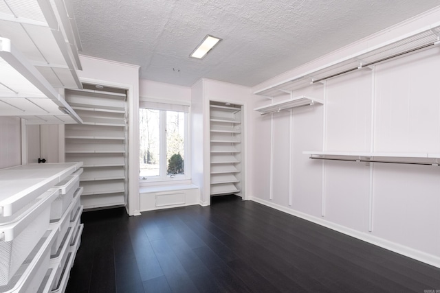 walk in closet with dark wood-type flooring