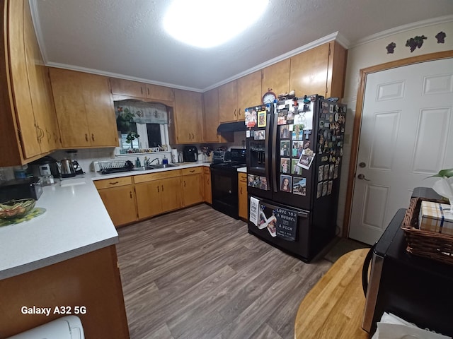 kitchen with ornamental molding, sink, light hardwood / wood-style flooring, and black appliances