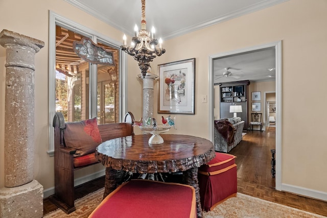 dining room with an inviting chandelier, crown molding, and parquet flooring