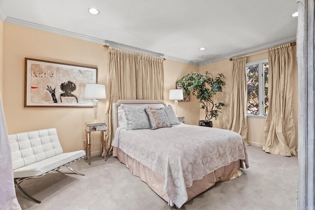 carpeted bedroom featuring crown molding