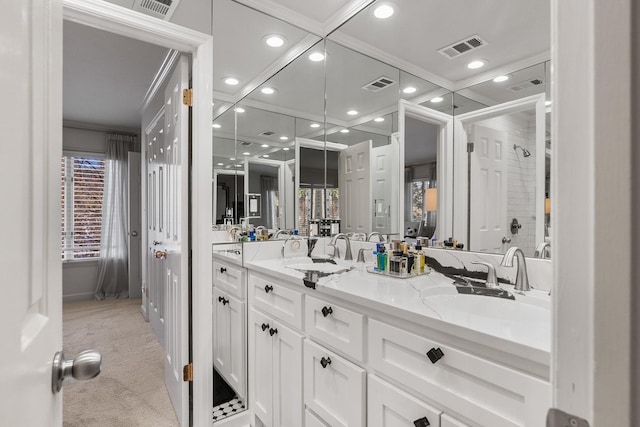 bathroom featuring vanity, plenty of natural light, and ornamental molding