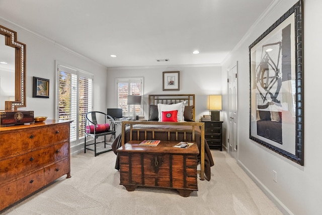 carpeted bedroom with crown molding