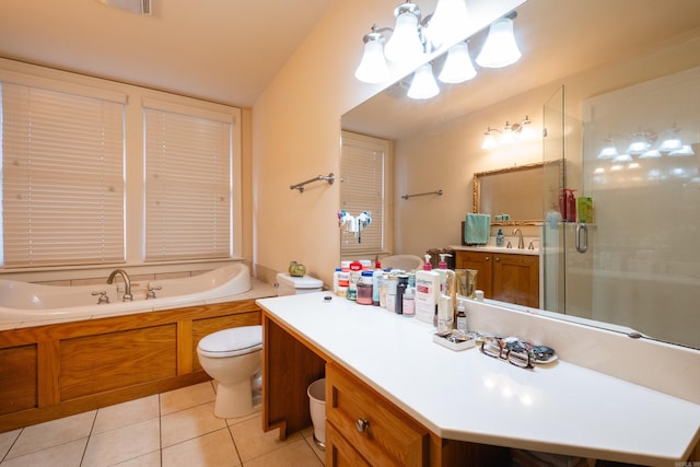 full bathroom with toilet, vanity, shower with separate bathtub, and tile patterned flooring