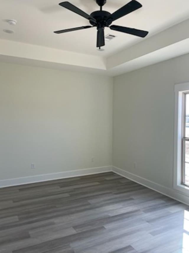 empty room with dark hardwood / wood-style floors, a raised ceiling, and a wealth of natural light