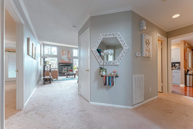 corridor with crown molding, light colored carpet, and a textured ceiling