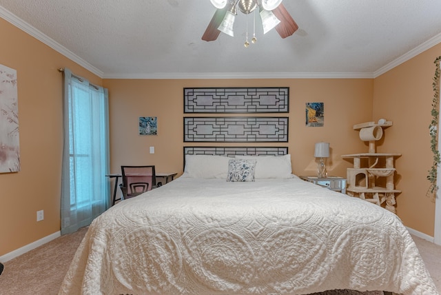 carpeted bedroom featuring crown molding, ceiling fan, and a textured ceiling