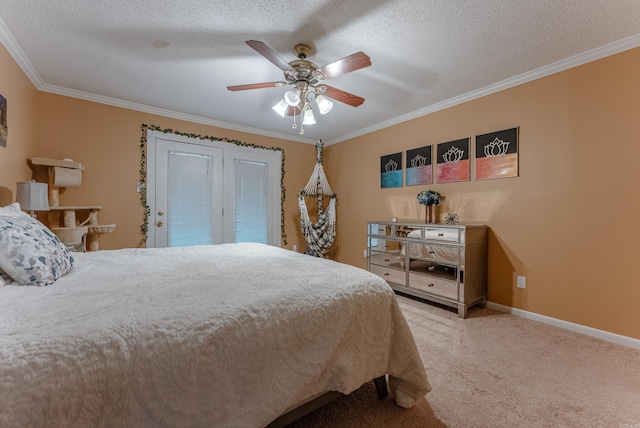 bedroom with crown molding, light carpet, a textured ceiling, and ceiling fan