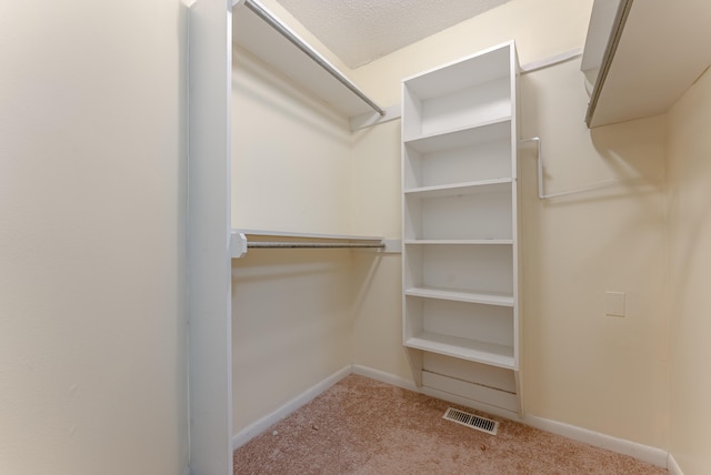 walk in closet with light colored carpet