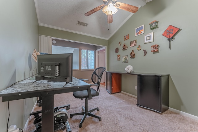 office space featuring crown molding, light colored carpet, lofted ceiling, and a textured ceiling