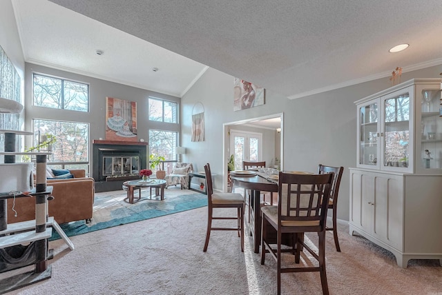 carpeted dining room with ornamental molding, high vaulted ceiling, and a textured ceiling