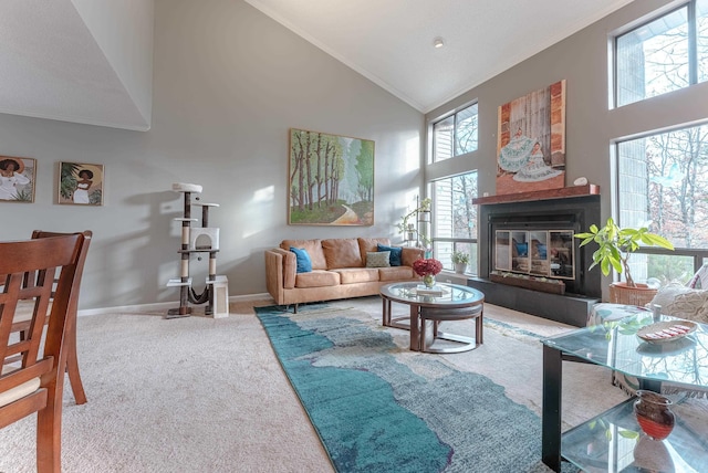 carpeted living room featuring ornamental molding and high vaulted ceiling