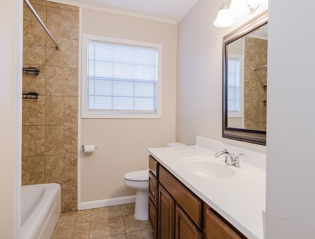 full bathroom featuring washtub / shower combination, toilet, crown molding, vanity, and tile patterned flooring