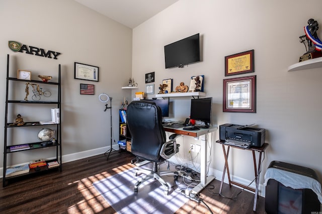 home office featuring dark wood-type flooring