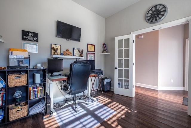 office space with french doors and wood-type flooring