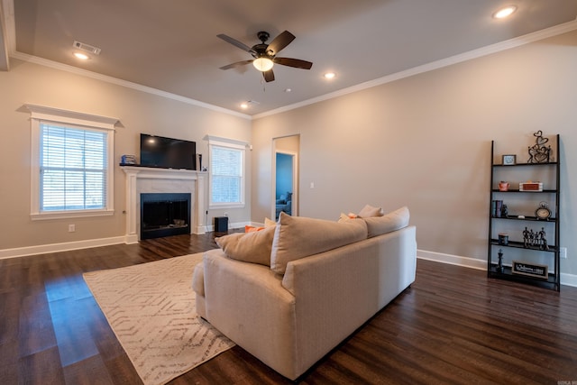 living room with ornamental molding, dark wood-type flooring, and ceiling fan