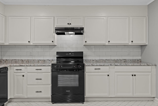 kitchen with backsplash, white cabinetry, and black appliances