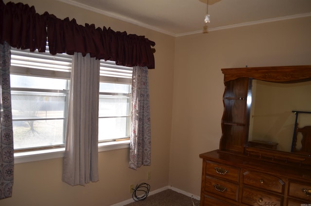 unfurnished bedroom featuring crown molding and carpet flooring