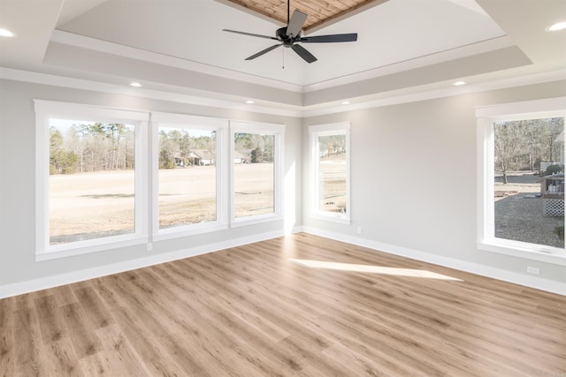 unfurnished room with ceiling fan, a raised ceiling, and light hardwood / wood-style floors