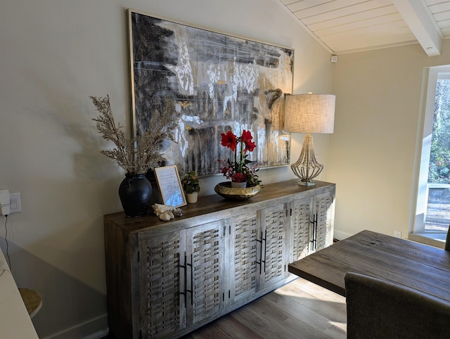 details featuring beamed ceiling, hardwood / wood-style flooring, and wood ceiling