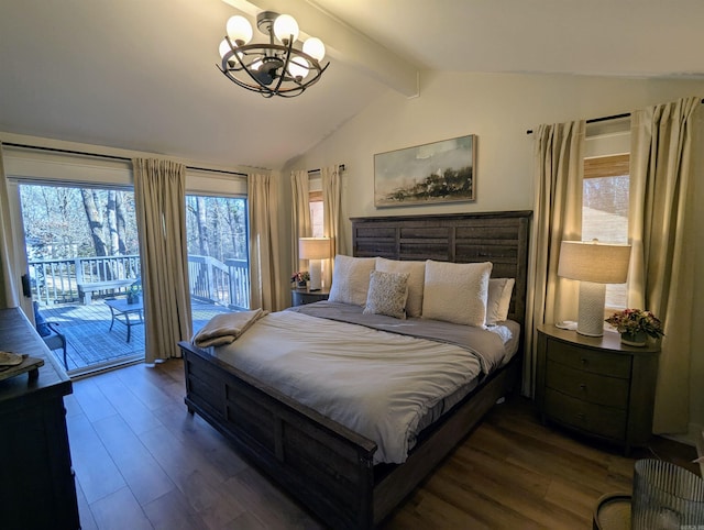 bedroom featuring a notable chandelier, dark wood-type flooring, vaulted ceiling with beams, and access to exterior