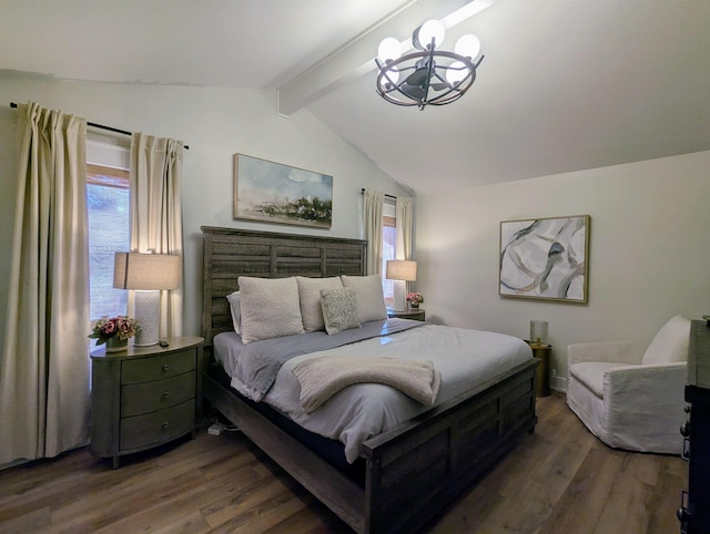 bedroom featuring lofted ceiling with beams, an inviting chandelier, dark hardwood / wood-style flooring, and multiple windows