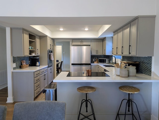 kitchen featuring appliances with stainless steel finishes, gray cabinetry, and a tray ceiling