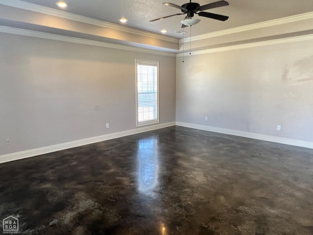 unfurnished room featuring ornamental molding, a raised ceiling, and ceiling fan