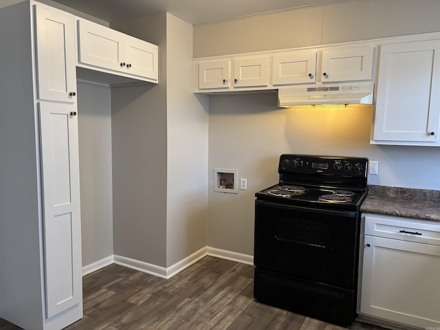 kitchen with white cabinetry, black / electric stove, and dark wood-type flooring