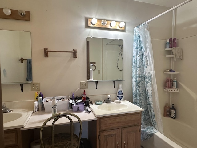 bathroom with vanity and shower / bath combo with shower curtain