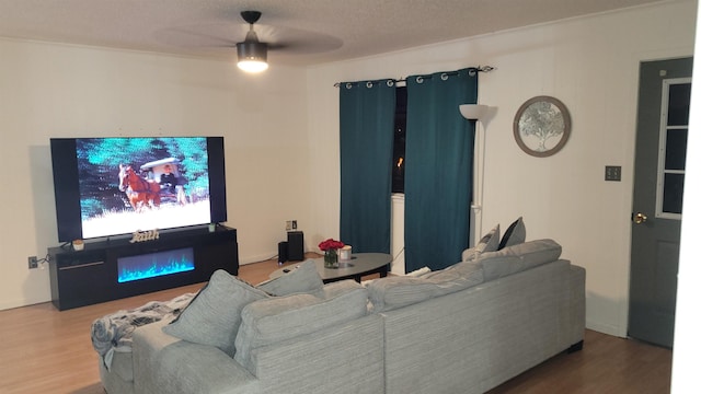 living room with hardwood / wood-style flooring, a textured ceiling, and ceiling fan