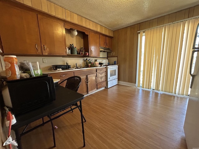 kitchen with white electric range oven, sink, wood walls, a textured ceiling, and light wood-type flooring