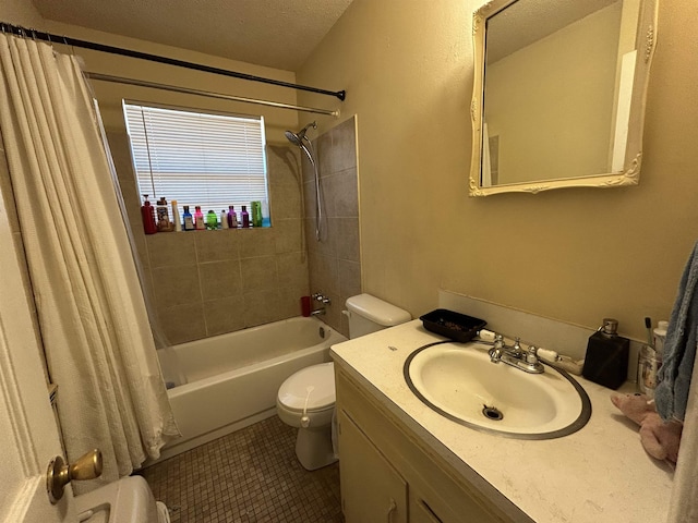 full bathroom featuring tile patterned floors, toilet, a textured ceiling, vanity, and shower / bath combination with curtain