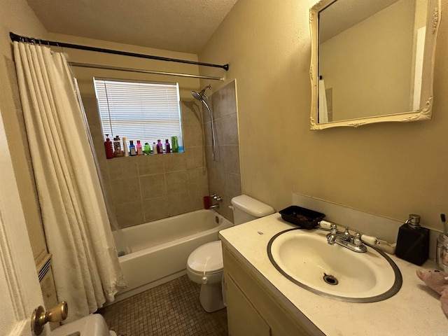 full bathroom featuring tile patterned flooring, vanity, toilet, shower / bathtub combination with curtain, and a textured ceiling