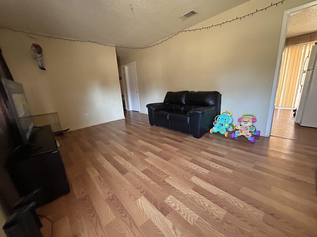 living room featuring light wood-type flooring and a textured ceiling