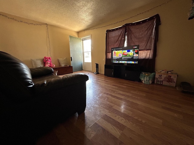 living room with hardwood / wood-style floors and a textured ceiling