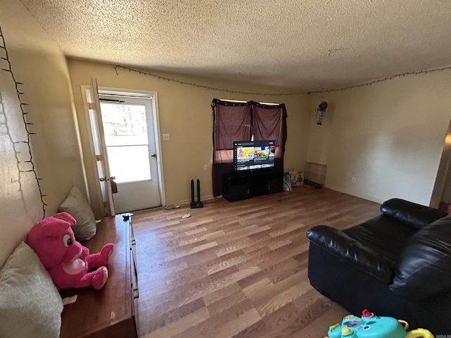 living room with hardwood / wood-style flooring and a textured ceiling