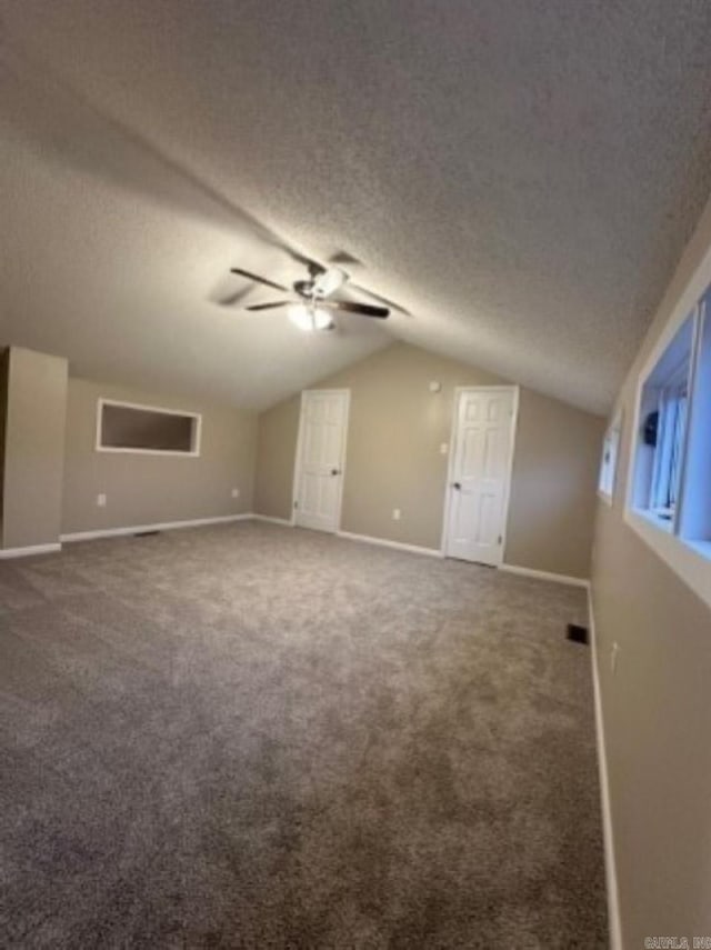 additional living space with vaulted ceiling, carpet floors, ceiling fan, and a textured ceiling