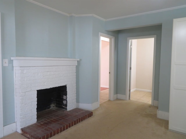 unfurnished living room with ornamental molding, light carpet, and a fireplace